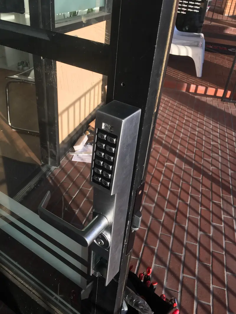 Keypad lock on a storefront door